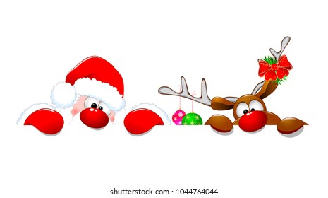 Santa Claus and a deer on a white background. Cartoons Santa Claus and deer .  