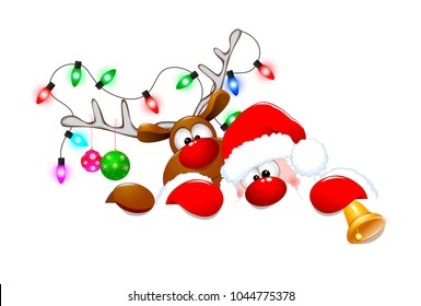 Santa Claus and a deer on a white background. Cartoons Santa Claus and deer.