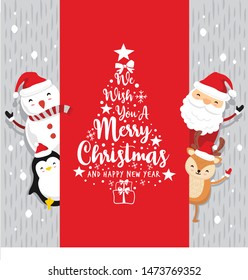 Santa Claus Deer Penguin Cartoon with Sign Board Text Merry Christmas and Happy New Year - Vintage Designs Vector Style