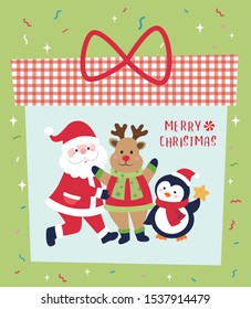 Santa Claus with deer and penguin in gift box, christmas card design, christmas vector illustration.