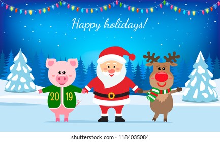 Santa Claus, a deer and a pink pig against the background of a rustic festive landscape. Christmas card in 2019 in retro style.
