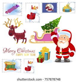 Santa Claus, deer and postage stamps. Set of vector illustrations for Christmas and New Year's design.