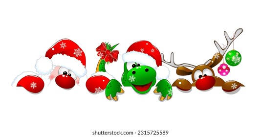 Santa Claus, deer, and rabbit on a white background. The characters are dressed in Santa hats and decorated with Christmas decorations.