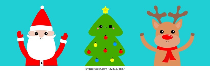 Santa Claus Deer Raindeer set holding hands up. Merry Christmas tree. Fir-tree icon. Cute cartoon kawaii funny baby character. New Year. Greeting card. Blue background. Vector illustration