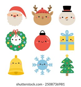 Santa Claus, deer, reindeer, snowman, Christmas tree wreath, ball toy, gift box, bell ring, snowflake. Cute kawaii cartoon icon set. Funny face. Childish style. Flat design. White background Vector