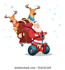 Santa Claus Deer Ride Electric Scooter Christmas Holiday Happy New Year Greeting Card Flat Vector Illustration