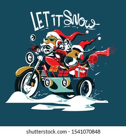 Santa Claus and deer ride the motorcycle on Christmas Eve