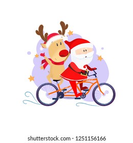 Santa Claus and deer riding bicycle. Cycling, character, helper. Can be used for topics like transportation, holiday, fun