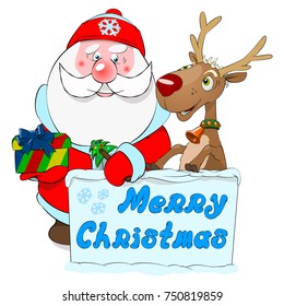 Santa Claus and deer  Rudolph congratulate on Christmas