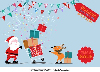 Santa Claus, deer shopping on Christmas holiday sale, gift boxes on cart, scatter ribbon dropping, Xmas sale discount tag on blue background and copy space, vector drawing for promotion,  advertising