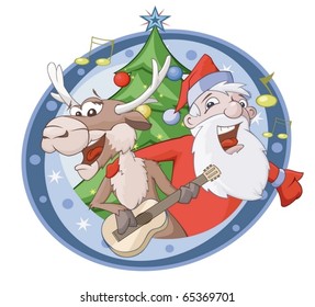 Santa Claus and deer are singing song