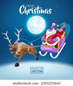 Santa claus with deer and sleigh delivering presents, evening sky stars moon Merry Christmas
