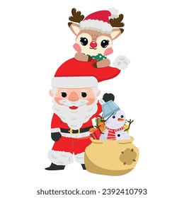 Santa claus deer and snowman for christmas cartoon