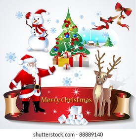Santa Claus, Deer, Snowman and Christmas Tree