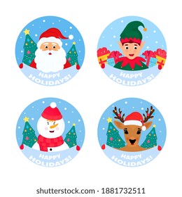 Santa Claus, deer, snowman, elf, bull. Happy Holidays greeting cards