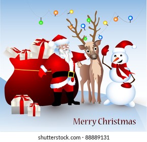 Santa Claus, Deer and Snowman with gifts