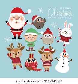 Santa Claus, deer, snowman, owl, rabbit and elf in winter holidays. Christmas cartoon character. -Vector