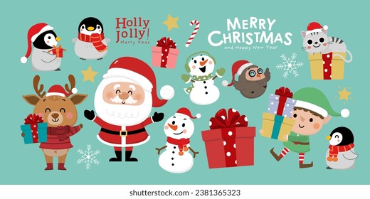 Santa Claus, deer, snowman, owl, penguin, elf, cat and xmas gift. Animal in winter costume and Christmas cartoon character. -Vector