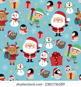 Santa Claus, deer, snowman, owl, penguin, elf, cat and xmas gift seamless pattern and background. Animal in winter costume and Christmas cartoon character wallpaper. -Vector