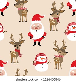 Santa Claus, deer, snowman seamless pattern. Cute Christmas holidays cartoon character background.