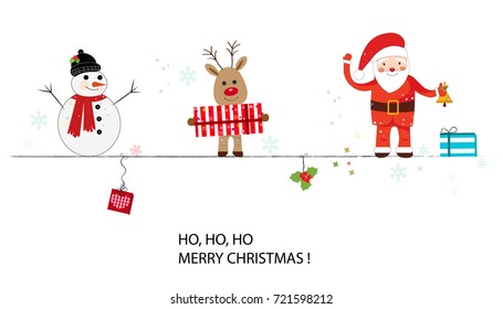 Santa claus, deer, snowman.Happy new year and merry christmas greeting card