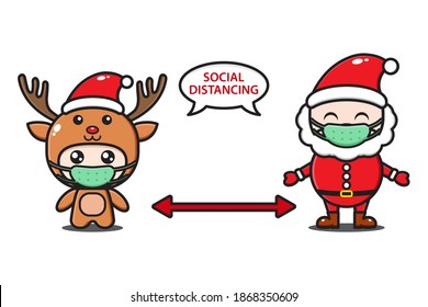 Santa Claus and Deer social distancing illustration