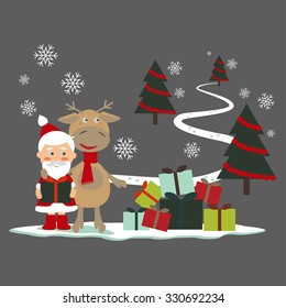 Santa claus and deer stand together, near of gifts. Long way is behind of them.