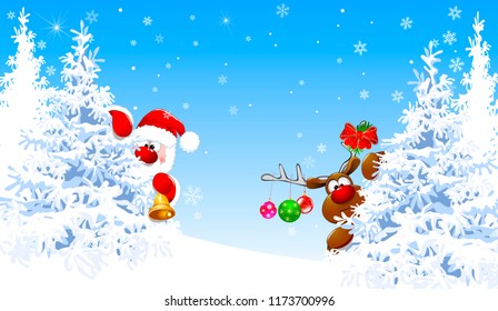 Santa Claus and a deer in a winter forest against a background of snow-covered fir trees. Cartoons Santa Claus and deer Rudolph.                                                                      