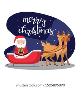 santa claus and deers cartoon in the night. vector illustration