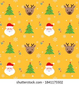Santa Claus, deers  and Christmas tree snow seamless pattern on yellow background. Cute Christmas holidays cartoon character background. Vector illustration.