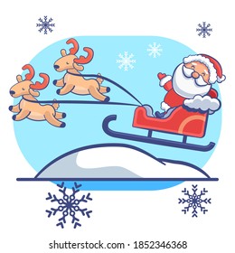 Santa Claus with deers on white isolated backdrop. Christmas postcard for invitation or gift card, notebook, bath tile, scrapbook. Phone case or cloth print. Flat style stock vector illustration