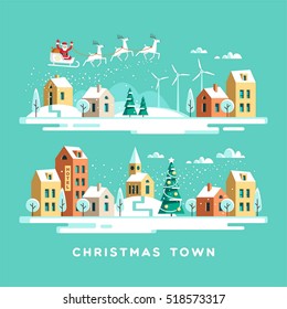 Santa Claus with deers in sky above the town. Christmas city. Vector illustration.