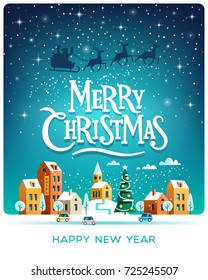 Santa Claus with deers in sky above the town. Winter city. Merry Christmas and Happy New Year greeting card.Vector illustration.