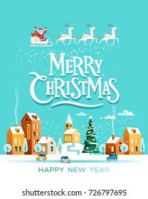 Santa Claus with deers in sky above the town. Urban winter landscape. Snowy street. Merry Christmas and Happy New Year greeting card. Vector illustration.