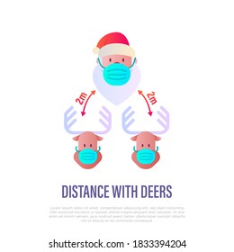 Santa Claus and deers in surgical masks, social distancing. Protection from covid-19. Christmas in new normal. Flat gradient icon, vector illustration.