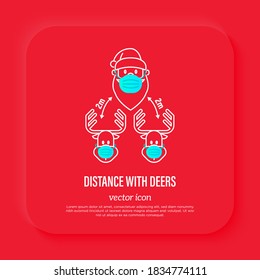 Santa Claus and deers in surgical masks, social distancing. Protection from covid-19. Christmas in new normal. Thin line icon, vector illustration.