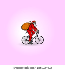 Santa Claus deliver Christmas goodies on a bicycle for Christmas concept. Hand drawn vector illustration.  