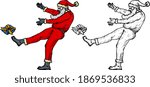 Santa Claus deliver Christmas presents by dropkick. Hand drawn vector illustration.