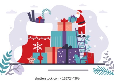 Santa Claus entrega regalos. Un calcetín rojo grande con regalos. Fondo de Nochebuena. Navidad y celebración de año nuevo, pancarta horizontal. Fiestas de diciembre. Graciosa tarjeta de Año Nuevo. Ilustración vectorial de moda