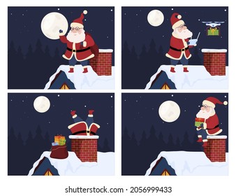 Santa Claus deliver gifts at house roof chimney set vector flat illustration. Fairy tale grandfather delivering Christmas presents in sack, drone, holding giftbox, going down brick pipe winter night