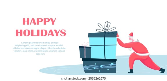 Santa Claus Deliver Presents,Gifts Boxes.Happy Winter Holidays Landing Page Template.Skating,Leisure Outdoor Activities.Christmas Character Figure Skate on Frozen Pond.Cartoon Vector Flat Illustration