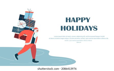 Santa Claus Deliver Presents,Gifts Boxes.Happy Winter Holidays Landing Page Template.Skating,Leisure Outdoor Activities.Christmas Character Figure Skate on Frozen Pond.Cartoon Vector Flat Illustration