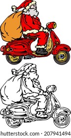 Santa Claus deliver a sack of gifts on scooter bike. Hand drawn vector illustration.