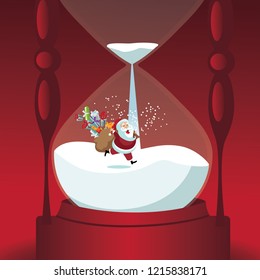 Santa Claus delivering Christmas gifts inside an hourglass. Time's up and Christmas is here. EPS10 vector illustration.