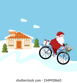 Santa Claus delivering Christmas gifts riding a bike vector illustration