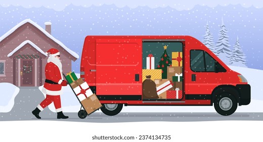 Santa Claus delivering Christmas gifts, he is loading the boxes into a van
