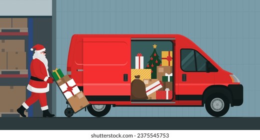 Santa Claus delivering Christmas gifts, he is loading a van at the warehouse