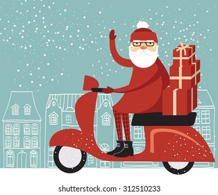 Santa Claus delivering Christmas gifts on a scooter