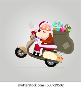 Santa Claus delivering Christmas gifts on a scooter.Isolated elements easy to use. New Year and holiday design. Vector illustration.