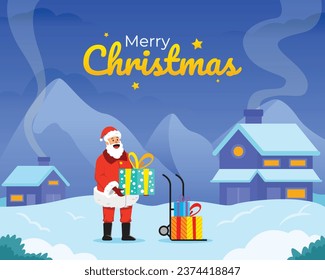 Santa Claus delivering christmas present to destination. 